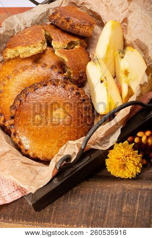 Round Dutch Homemade Cookies Filled With Apples And Almonds Nuts, Autumn And Winter Seasonal Dessert