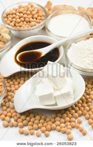Queso de soja, salsa de soja y otros productos de la soja sobre fondo blanco