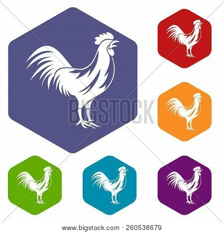 Gallic Rooster Icons Set Rhombus In Different Colors Isolated On White Background