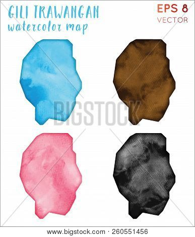Gili Trawangan Watercolor Island Map. Handpainted Watercolor Gili Trawangan Map Set. Vector Illustra
