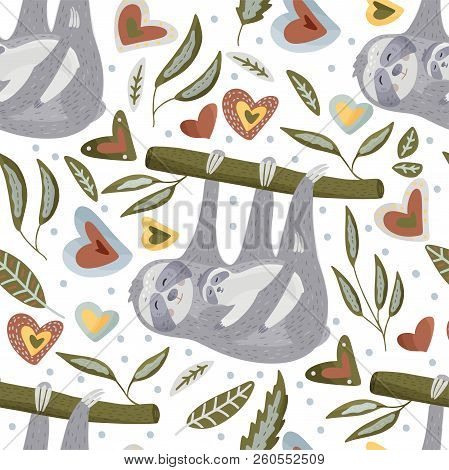 Seamless Vector Pattern With The Mom Sloth With A Little Baby Lazy Bear Holding On A Branch. Vector 