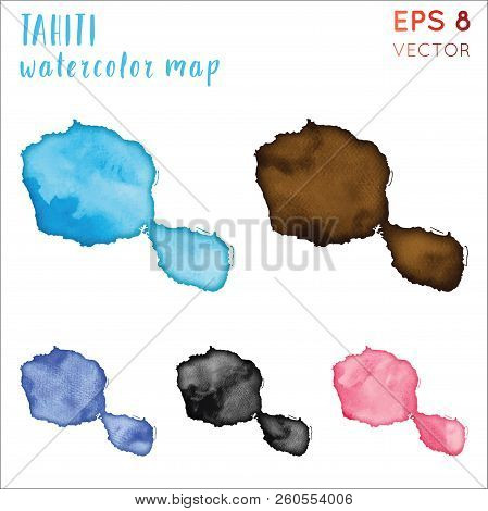 Tahiti Watercolor Island Map. Handpainted Watercolor Tahiti Map Set. Vector Illustration.