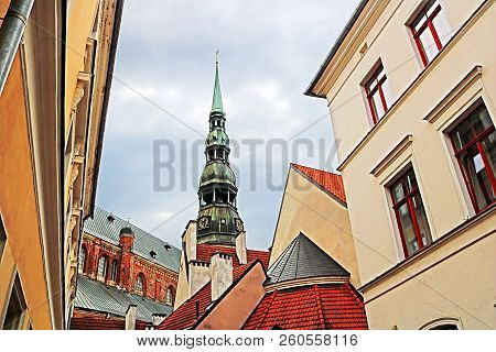 Roofs Of Buildings In Old Town And Top View Of Church Of St. Peter (st. Peter's Church, Petrikirche)