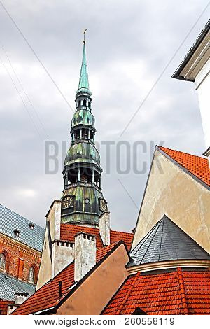 Roofs Of Buildings In Old Town And Top View Of Church Of St. Peter (st. Peter's Church, Petrikirche)