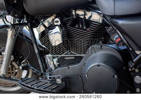 Engine Close Up Shot Of Beautiful And Custom Made Motorcycle