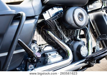 Engine Close Up Shot Of Beautiful And Custom Made Motorcycle