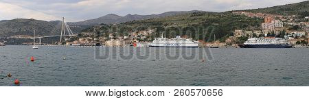 Dubrovnik, Croatia - April 19, 2011: Franjo Tudjman Bridge And Port With Ferry Ship Panorama In Dubr