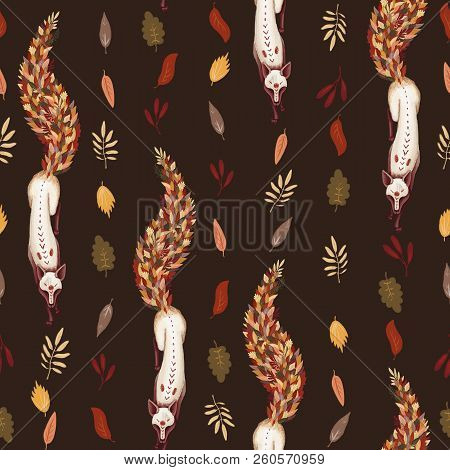 Seamless Pattern. Fox With The Tail Of Fallen Autumn Leaves. Leaf Fall. On A Dark Brown Background. 