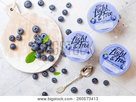 London, Uk - September 26, 2018: Light And Free Greek Style Yogurt With Blueberries By Danone With B