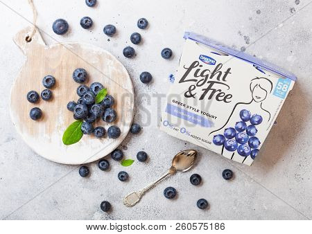 London, Uk - September 26, 2018: Light And Free Greek Style Yogurt With Blueberries By Danone With B