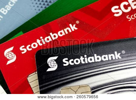 Montreal, Canada - September 21, 2018: Scotiabank Credit Cards, Close-up Picture. The Bank Of Nova S