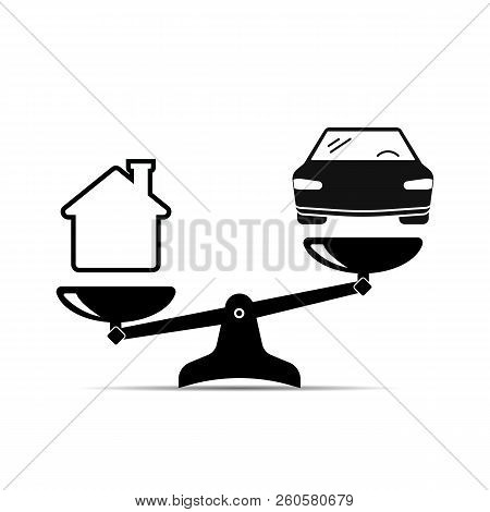 Balance Car And House. Icon Of Scales On Where The House Prevails