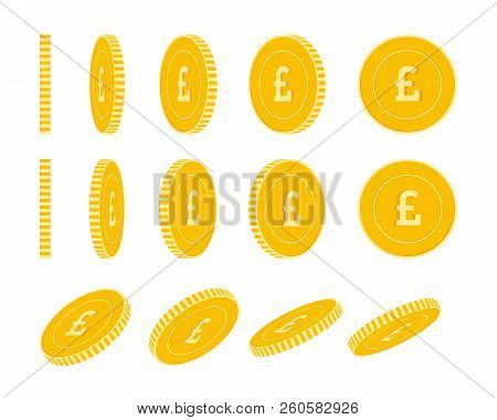 British Pound Coins Set, Animation Ready. Gbp Yellow Coins Rotation. United Kingdom Metal Money In D