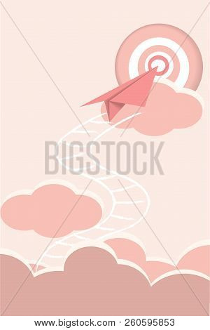 Red Paper Plane Flying On Clouds Scape Go To Target , Red Colorless Tone Background, Vector Art And 