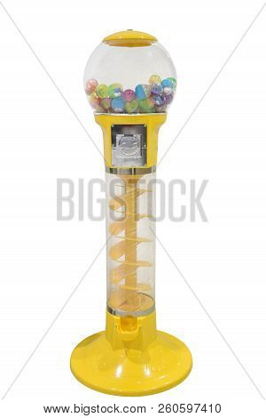 Toy Vending Machines Or Antique Petite Gumball Machine On White Background With Clipping Path.