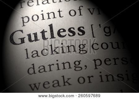 Fake Dictionary, Dictionary Definition Of The Word Gutless. Including Key Descriptive Words.