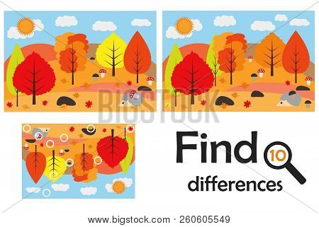 Find 10 Differences, Game For Children, Autumn Forest In Cartoon Style, Education Game For Kids, Pre