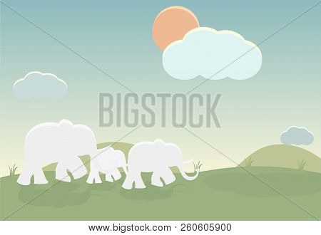 Saving Energy For Wildlife On Earth Planet, Elephant Walking On Green Grass Go To Forest In The Morn