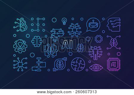 Ai Colored Horizontal Illustration. Artificial Intelligence Vector Outline Banner On Dark Background