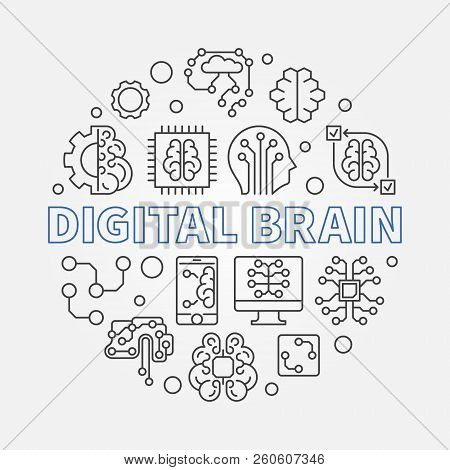 Digital Brain Concept Round Vector Illustration. Ai And Machine Learning Outline Icons In Circle Sha