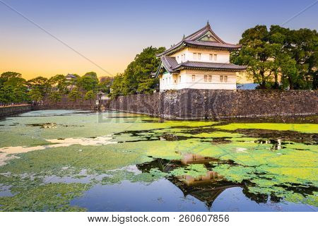 Tokyo, Japan lookout tower at the Imperial Palace moat.