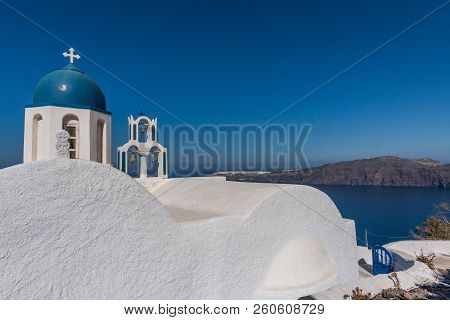 Chapel On Skaros Rock In Santorini In Greece