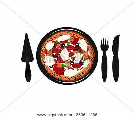 Vector Illustration Of Pizza With Ingredients Mushrooms, Olives, Cheese, Tomato Paste On The Plate W