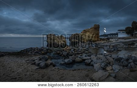 Odessa, Ukraine - 09.09.2018. Otrada Beach In Odessa, Ukraine, In A Gloomy Summer Morning. Dark Clou
