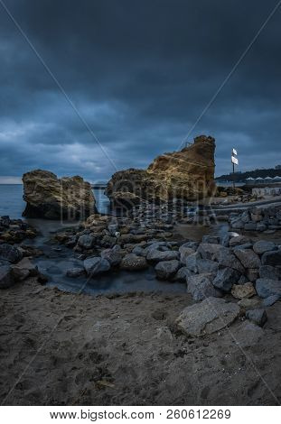 Odessa, Ukraine - 09.09.2018. Otrada Beach In Odessa, Ukraine, In A Gloomy Summer Morning. Dark Clou