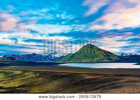 Natural Landscape At Blahylur Crater Lake And Beautiful Mountain In The Evening At Highlands Of Icel