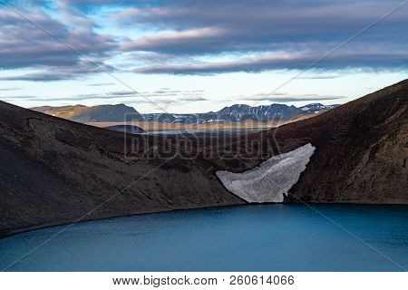 Beautiful View Of The Blahylur Crater Lake And The Mountain In Landmannalaugar At Central Highlands 
