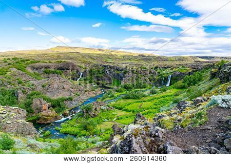 View Of The Beautiful Waterfalls In Gjain Canyon In Summer At The Highlands Of Iceland