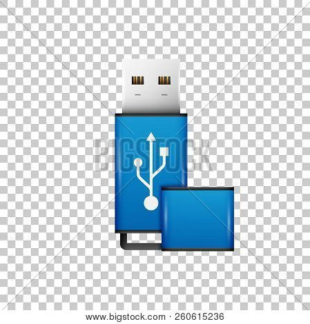 Realistic Blue Usb Flash Drive Isolated Object On Transparent Background. Vector Illustration