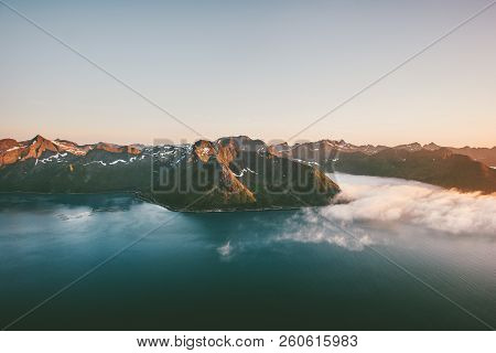 Mountains And Sea Fjord Sunset Landscape In Norway Aerial View Travel Vacations Tranquil Scenery Sen