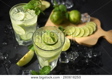Glass Of Fresh Lemonade  With Lemon And Mint On Top