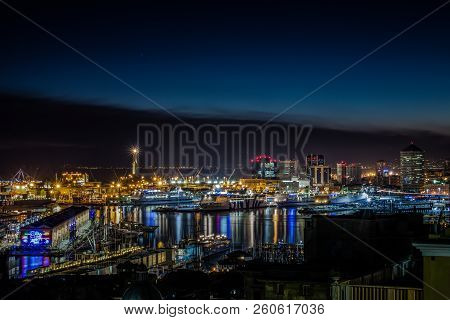 Genoa, (genova), Italy, November 27, 2017 - Night View Of The Ancient Harbor, City Of Genoa, Italy/ 