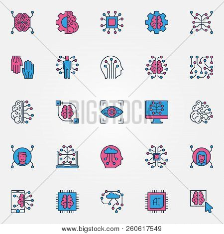 Artificial Intelligence Colored Icons Set - Ai Technology And Cyberbrain Modern Creative Signs Or Lo