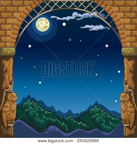 View Through The Arch Of The Stone Castle At Night Landscape By The Light Of The Full Moon. Sketch F