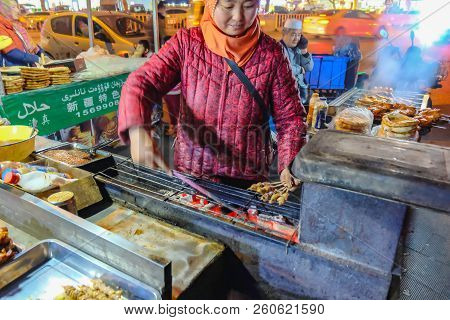 Yiwu/china - January 23 2015: Delicious Grill Lamb Stick Street Food Shop In Yiwu Night Market Zheji