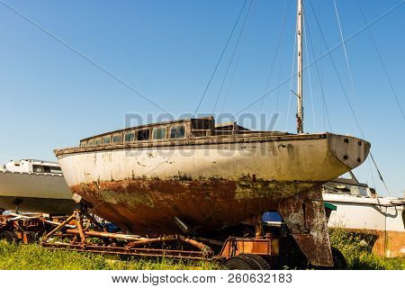 Cherbourg, France - 2018.
Old Rusty Boat Waiting For Dry Dock.