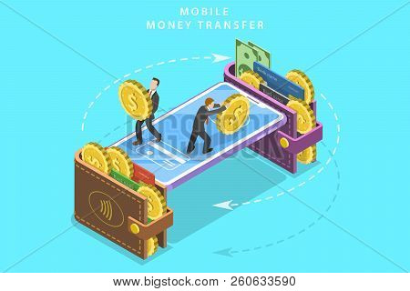 Mobile Money Transfer Isometric Flat Vector Concept.