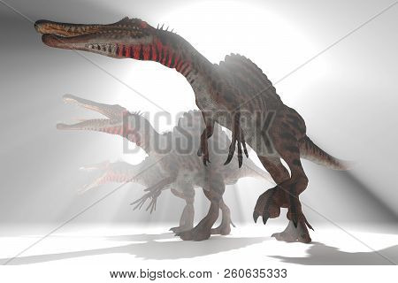 Group Of Spinosaurus In The Mist 3d Illustration