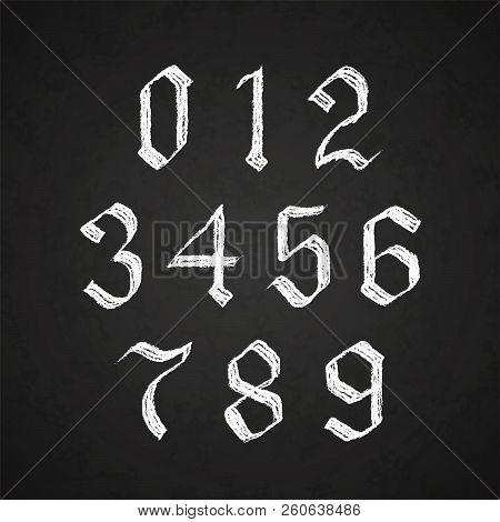 Old Hand Drawn Gothic Numbers Drawing With White Chalk On Black Chalkboard