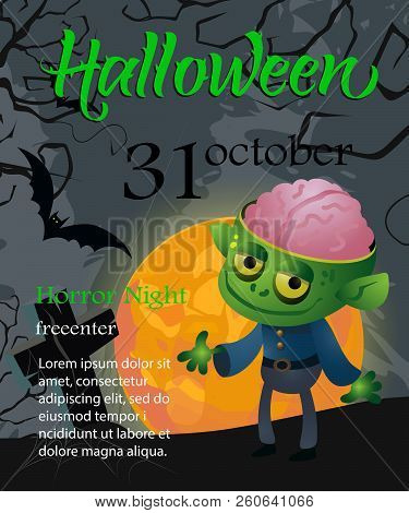 Halloween, October Thirty First Lettering With Moon And Zombie. Invitation Or Advertising Design. Ha