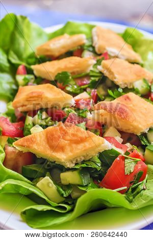 Lebanese Fattoush Or Bread Salad - Fresh And Delicious Vegan Meal With Pita Bread