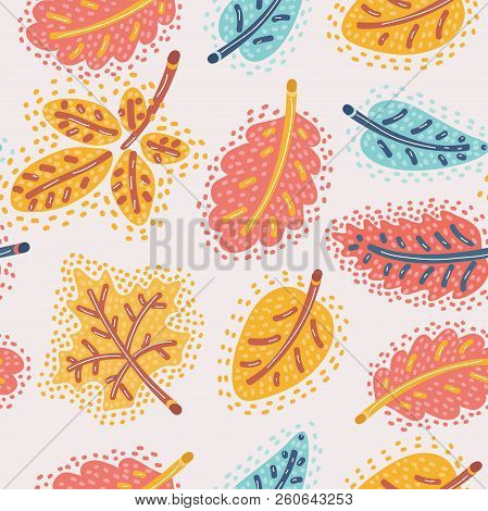Vector Cartoon Illustration Of Autumn Background. Falling Leaves Of Different Type Of Tree. Seamless