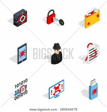 Hacker Icons Set. Isometric 3d Illustration Of 9 Hacker Icons For Web