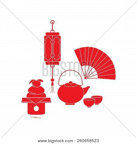 Eastern New Year Symbols. Chinese Lantern, Kettle With Two Cups, Fan, Kagami Mochi. Festive Traditio