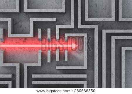 Top View Of Lava Hot Straight Arrow Burning Through Concrete Wall Maze On Its Way To The Goal. Conce
