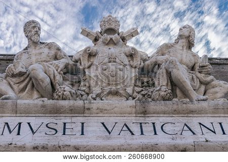 Rome, Italy - September 05, 2018: Sculptures Above An Entrance To The Vatican Museums (musei Vatican